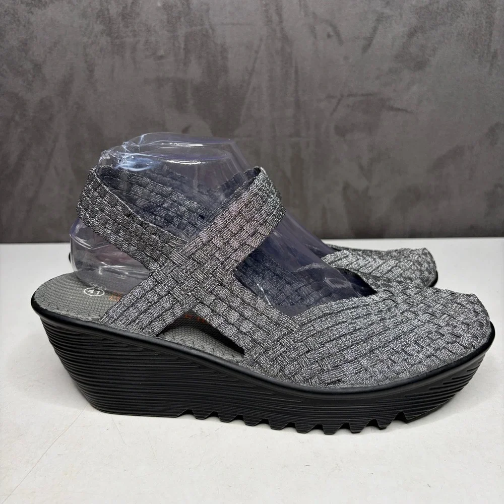 Bernie Mev Lulia Wedge Sandals Womens 41 Silver Woven Elastic Mary Jane Platform